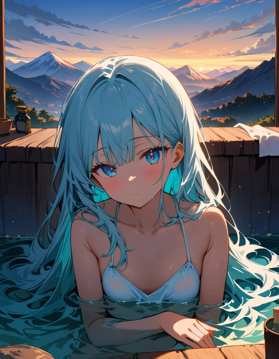 (((( light blue long hair)))),,(tiny 1girl model),)(flat chest),light blue hair, , long hair ,masterpiece, best quality,(((((a very delicate and beautiful girl))))),A spectacular daytime mountain view in the background、There is a woman soaking in the open-air bath.。She wrapped a towel around her body、He has a comfortable expression on his face.。There is silence all around。Amidst the beauty of nature and the warmth of hot springs、She is a mountain々Relaxing while enjoying the view。Enjoy a moment in the open-air bath that has become part of the scenery.、It's a special time of healing for her.。