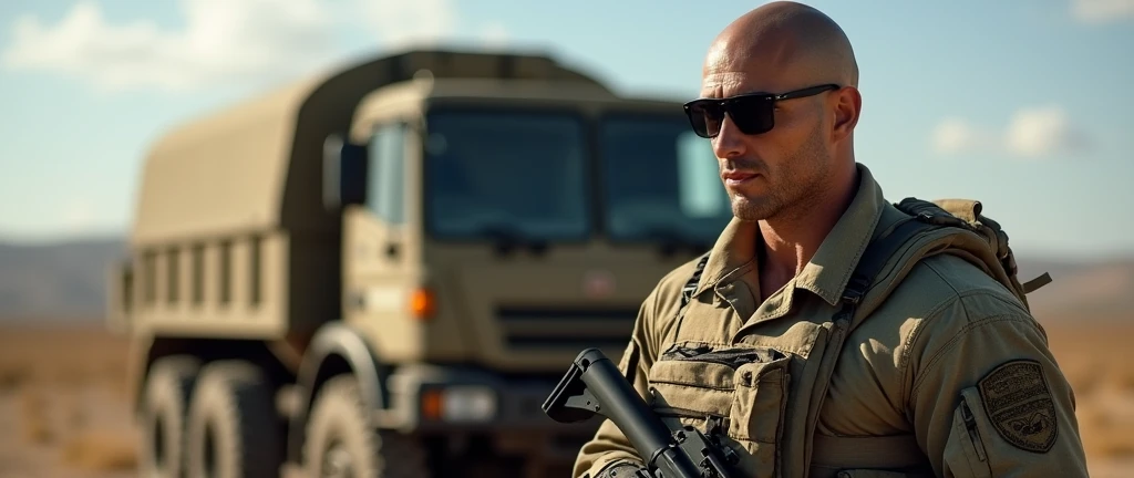 4k ((best quality)), ((masterpiece)), (detailed), hd, realistic face very muscular bald male soldier full body stand by military truck sunglass,