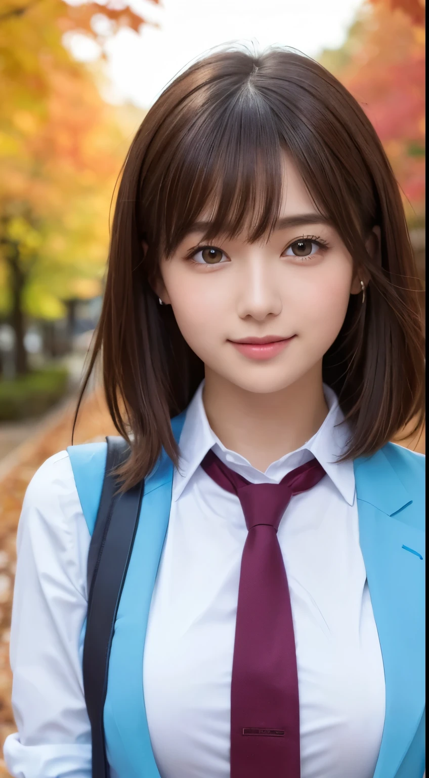 Large Breasts In underwear Leg spread masutepiece,Best Quality,Ultra-detailed,finely detail,hight resolution,in 8K,((Photorealsitic:1.4,Raw photography,超A high resolution,Top image quality:1.4)),masutepiece、Best Quality、 Ultra-detail、hight resolution、8K Wallpapers、Perfect dynamic composition,、Beautiful detailed eyes、(Beautiful breasts:1.1) 、Blue Blazer、student clothes、white shirt、red necktie、1girl in、a beauty girl、High school students、Brown-haired head hair、short-cut、Hide the left eye with bangs、ssmile、Tree-lined avenue of autumn leaves