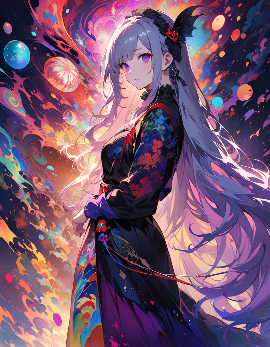 One Woman、Age 25、Realist, (masterpiece, Highest quality, Official Art, beauty, Gothic, Tokyo Ghoul Style: 1.2), Very detailed, Fractal Art, nice, Learn more, Tangled, Atmospheric, Cosmic, psychedelic, dream-like, fear,  Purple Hair, Purple eyes, Long Hair, Gray Hair,  Gradient Hair, Japan national costume