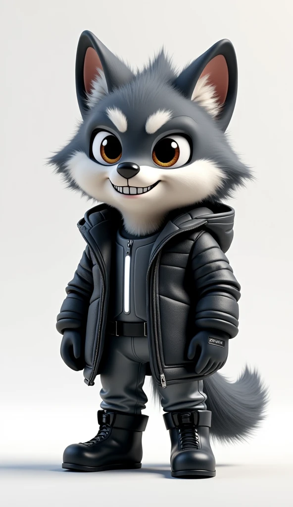 3D rendering in C4d and Blender of a cute cartoon style wolf wearing a black leather Parka and white techwear underneath, with big eyes, sunglasses, small nose, and a full body shot against a white background. The wolf has black leather boots and a chibi character design with studio lighting. The wolf is grinning evilly, with illuminated lines on the suit, high resolution, high details, and best quality