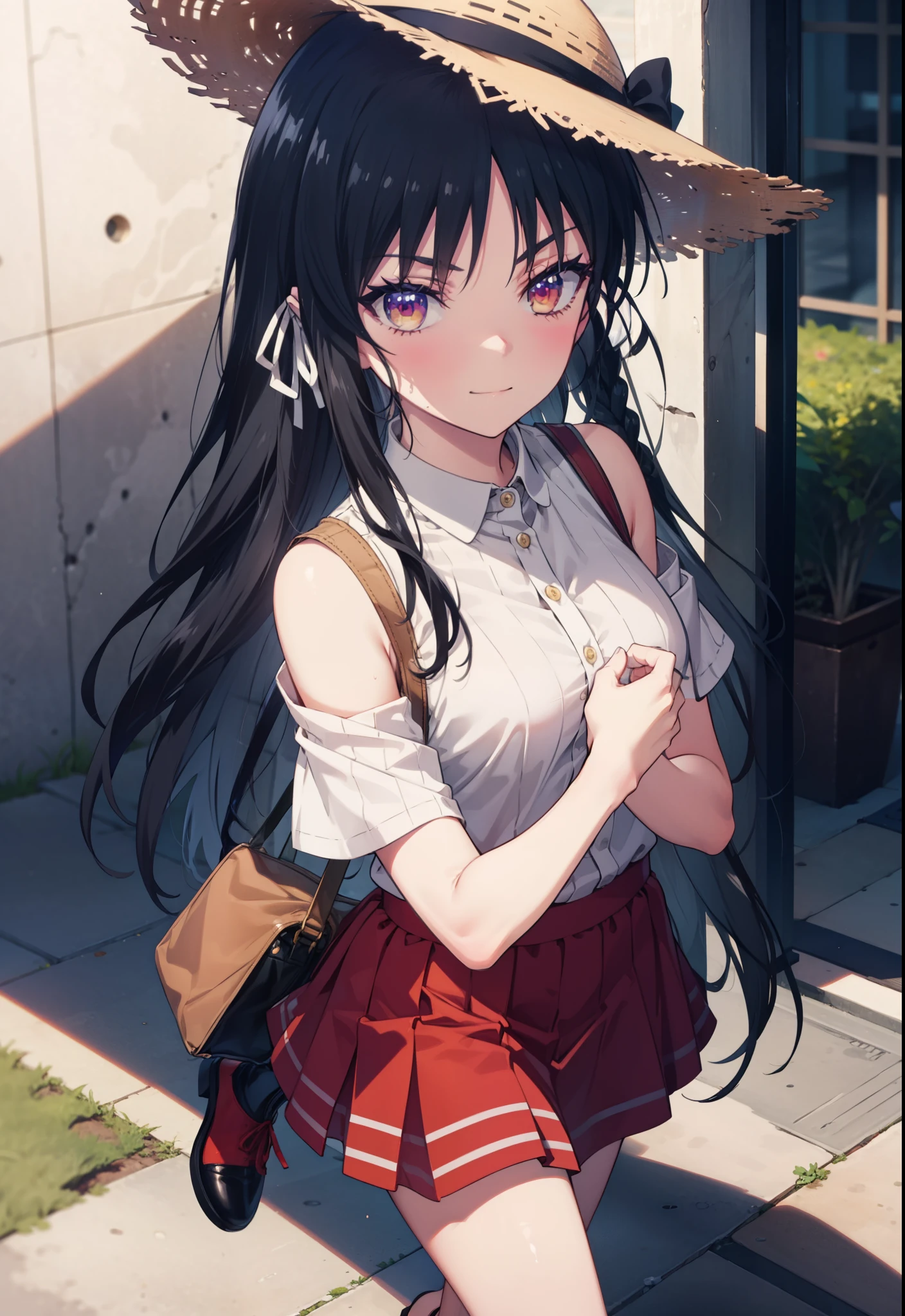 Suzune Horikita, suzune horikita, Long Hair, Black Hair, (Red eyes:1.3), Hair Ribbon, Braiding,blush,smile,Straw hat,Cold Shoulder Shirt,Short sleeve,Red long skirt,Cute heeled sandals,Walking,whole bodyがイラストに入るように,
break outdoors, Building district,
break looking at viewer, whole body,
break (masterpiece:1.2), Highest quality, High resolution, unity 8k wallpaper, (figure:0.8), (Beautiful attention to detail:1.6), Highly detailed face, Perfect lighting, Highly detailed CG, (Perfect hands, Perfect Anatomy),