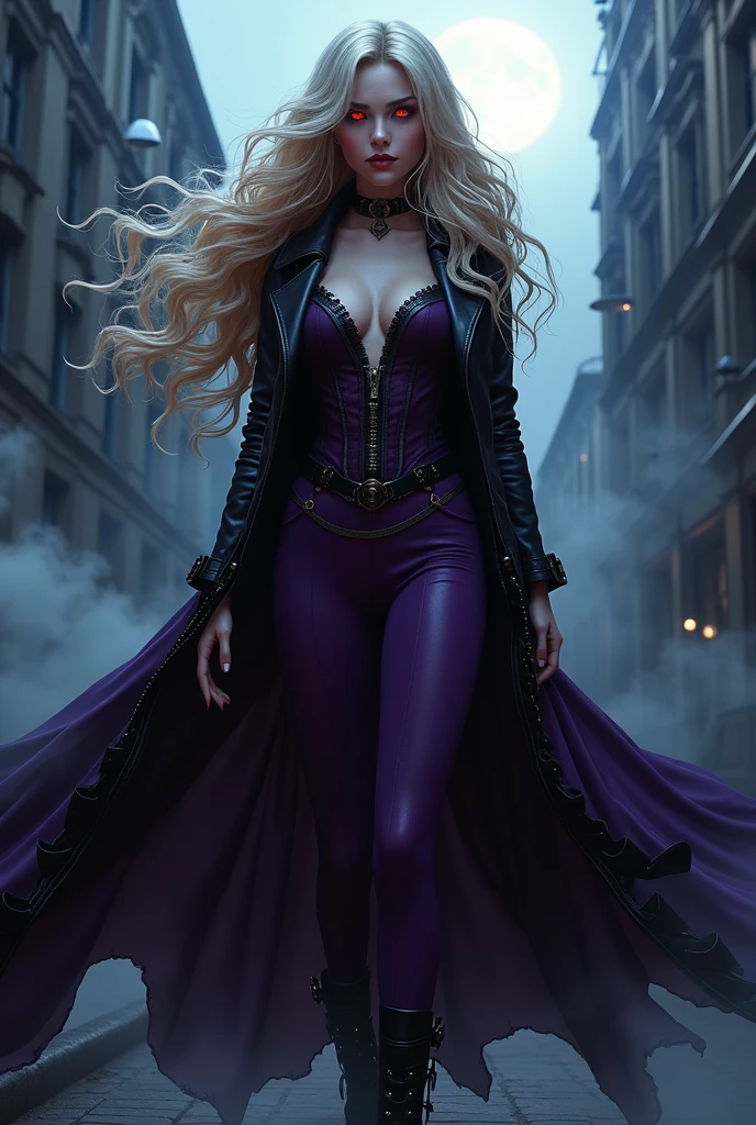 dark fantasy anime art, comic art, gothic art, (masterpiece:1.5), full body best details, highly detailed, best quality, highres, full body portrait of a female vampire (Masterpiece, best quality: 1.6), ultra feminine, with a long curvy hair, blond hair, (red:1.3) eyes, glowing eyes ((beautiful delicate face)), Ultra Detailed Face (wearing elegant glamour open black leather jacket: 1.5) , (flowing black leather jacket: 1.5), wearing an intricate (purple suit: 1.2) (intricate details, Masterpiece, best quality: 1.3), high heeled boots, urban background (intense details, beat details), fantasy, at night light, natural ,moon light, clouds, gothic atmosphere, soft light, ((anatomically correct: 1.3)), high details, best quality, 16k, [ultra detailed], masterpiece, best quality, (extremely detailed), dynamic angle, drkfntasy, evening dress, Intense gaze