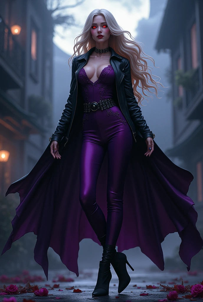 fantasy art, modern and gothic art, (masterpiece:1.5), full body best details, highly detailed, best quality, highres, full body portrait of a female vampire (Masterpiece, best quality: 1.6), ultra feminine, with a long curvy hair, blond hair, (red:1.3) eyes, ((beautiful delicate face)), Ultra Detailed Face (wearing elegant glamour open black leather jackett: 1.5) , (flowing black trench coat: 1.5), wearing an intricate (purple suit: 1.2) (intricate details, Masterpiece, best quality: 1.3), high heeled boots, urban background (intense details, beat details), fantasy, at night light, natural ,moon light, clouds, gothic atmosphere, soft light, ((anatomically correct: 1.3)), high details, best quality, 16k, [ultra detailed], masterpiece, best quality, (extremely detailed), dynamic angle, drkfntasy, evening dress, Intense gaze