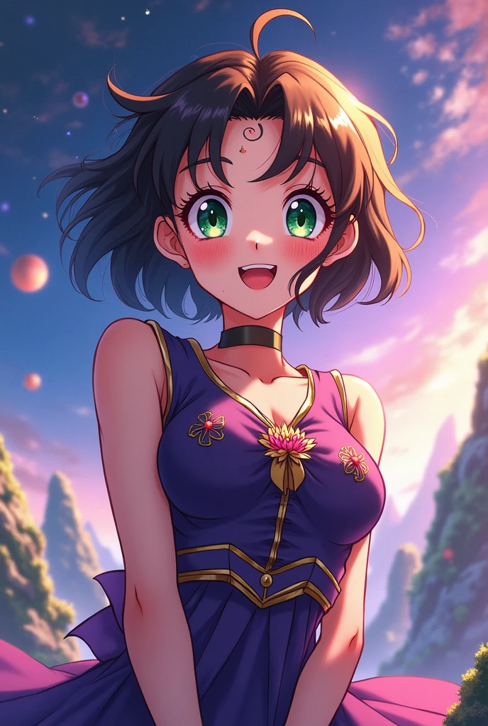 anime girl, green eyes, short brown hair, happy expression, dressed in Sailor Moon Saturn transformation