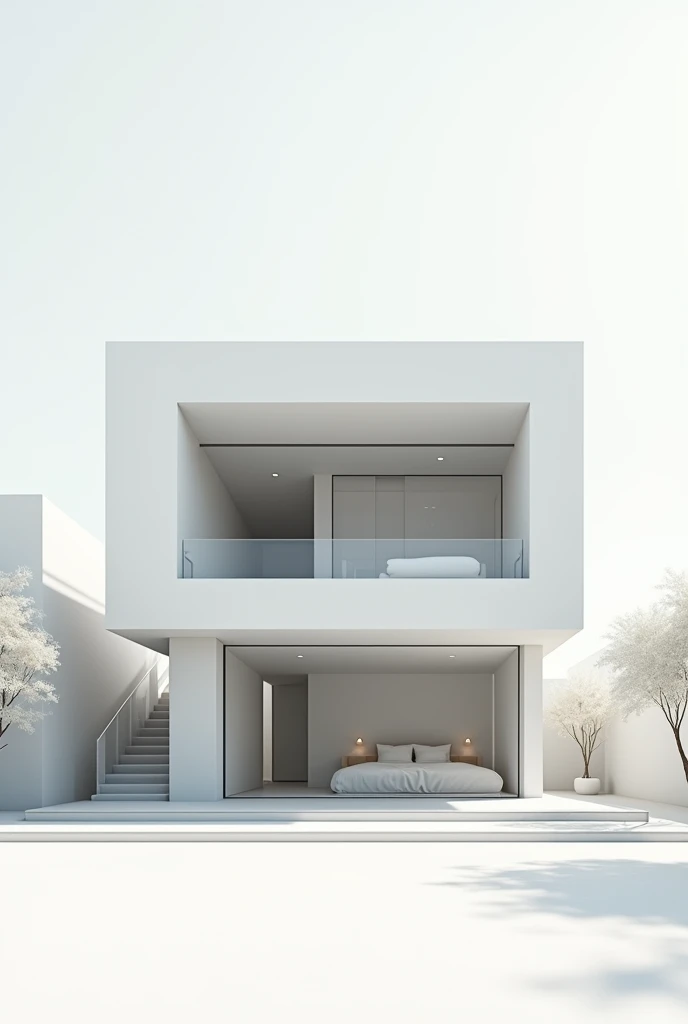 Make a medium-sized building with large windows downstairs with a door in the center on the left side and some stairs. I want everything to be a minimalist and functional design. 