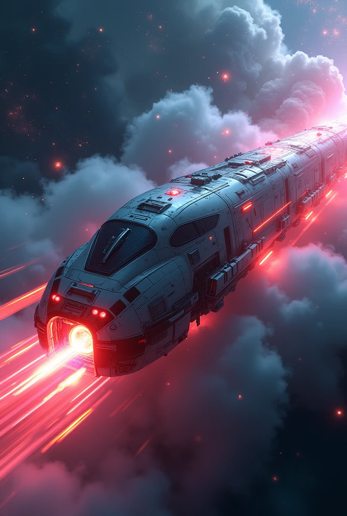 rocket train, futuristic locomotive, space exploration, cyberpunk, dynamic composition, dramatic lighting, hyperrealistic, intricate details, cinematic, volumetric fog, neon lights, glowing energy trails, advanced technology, retrofuturistic design, chrome accents, gritty texture, cinematic composition, moody atmosphere, vibrant colors, dynamic motion blur, highly detailed digital art.a futuristic high-speed train, glowing energy core, sleek aerodynamic design, hovering above ground, neon lights, metallic textures, cosmic landscape, nebulae, stars, dynamic motion blur, cinematic composition, dramatic lighting, vibrant colors, hyper-realistic, 8k, intricate details, concept art