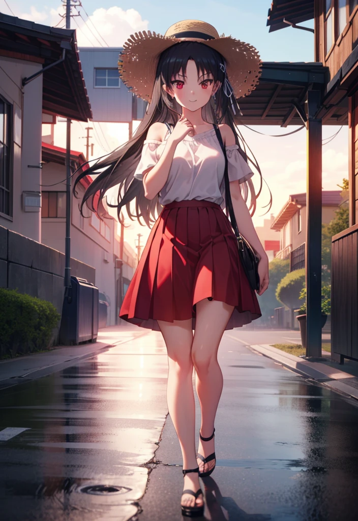 Suzune Horikita, suzune horikita, Long Hair, Black Hair, (Red eyes:1.3), Hair Ribbon, Braiding,blush,smile,Straw hat,Cold Shoulder Shirt,Short sleeve,Red long skirt,Cute heeled sandals,Walking,whole bodyがイラストに入るように,
break outdoors, Building district,
break looking at viewer, whole body,
break (masterpiece:1.2), Highest quality, High resolution, unity 8k wallpaper, (figure:0.8), (Beautiful attention to detail:1.6), Highly detailed face, Perfect lighting, Highly detailed CG, (Perfect hands, Perfect Anatomy),