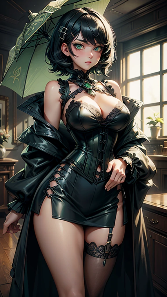 1 girl, anime, high quality, intricate details, black hair, fluffy hair, short hair, elegant, futuristic setting, stockings, green streaks in hair, steampunk accessories, stoic expression, lacy umbrella, curvy build, confident pose, corset, mansion, indoors, hairclips, light green eyes, black hair, cropped tank top, silk skirt,
