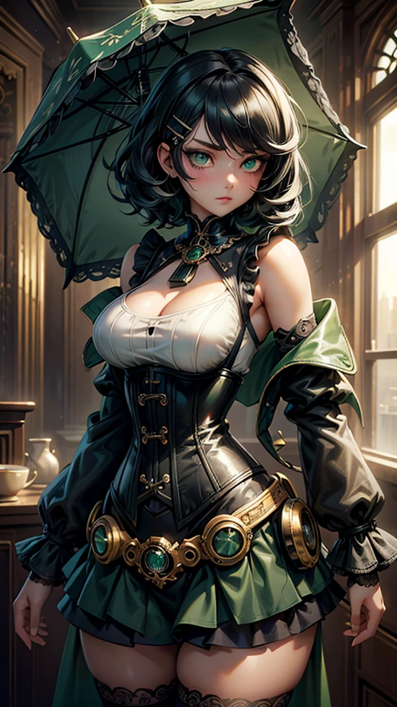 1 girl, anime, high quality, intricate details, black hair, fluffy hair, short hair, elegant, futuristic setting, stockings, green streaks in hair, steampunk accessories, stoic expression, lacy umbrella, curvy build, confident pose, corset, mansion, indoors, hairclips, light green eyes, black hair, cropped tank top, silk skirt, 