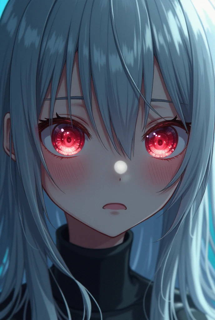 Silver hair, hair between eye, Long hair, hair over shoulders, aqua eyes, Red eyes, pupils sparkling, Blush, Scared, Nervous, flustered, anaglyph, Atmospheric perspective, stereograms, god light, Ray tracing, Sparkle, first person perspective, Close-up, 8K, Super detail, ccurate, Best quality