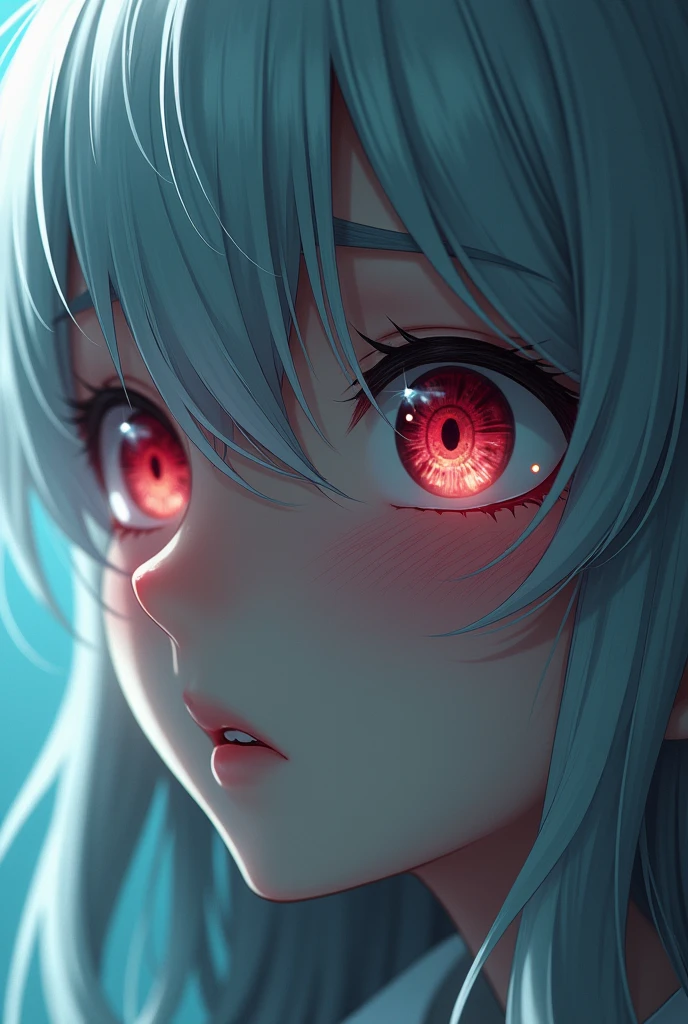 Silver hair, hair between eye, Long hair, hair over shoulders, aqua eyes, Red eyes, pupils sparkling, Blush, Scared, Nervous, flustered, anaglyph, Atmospheric perspective, stereograms, god light, Ray tracing, Sparkle, first person perspective, Close-up, 8K, Super detail, ccurate, Best quality