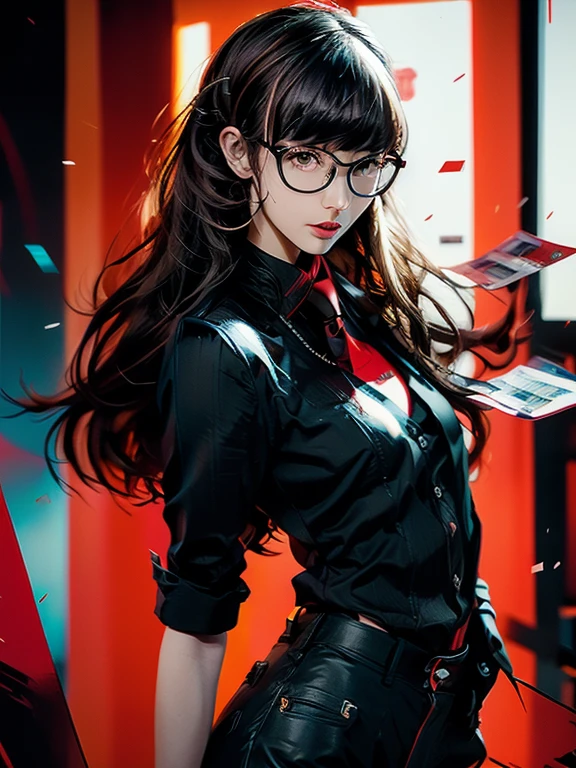 in the art style of persona5, (masterpiece:1.2, highest quality), (Realistic, photoRealistic:1.4), Beautiful illustrations, (Natural Side Lighting, Cinema Lighting), Written boundary depth, Beautiful thighs staring at the viewer, (((Face Focus, Upper Body))), 1 female, 20-year-old, alone, thin, slender, (small breasts), long Hair, straight Hair, Forehead, Forehead, Forehead, Forehead, thin, slender, glasses, Skinny black pants, collared shirt, necktie, Are standing, ((Close-up)), ((Close-up)), ((Close-up))