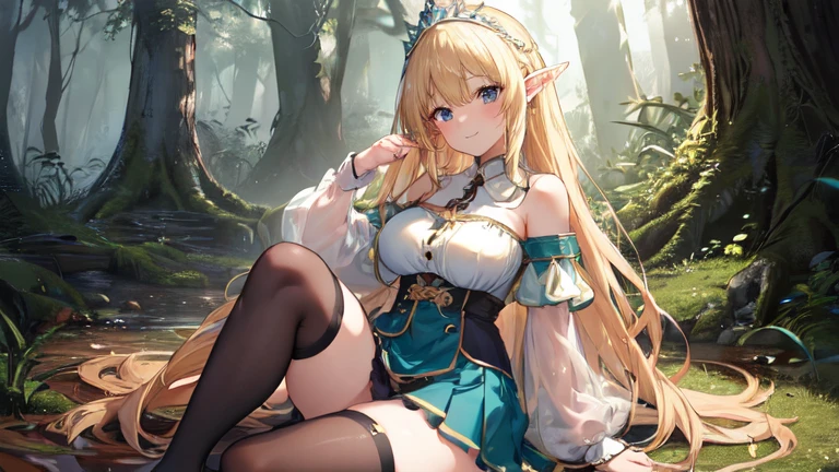 best quality、Highest image quality、Super beautiful elf beauty((22-year-old OL with big bust、Bust 90,Beautiful long permed hair、Blonde、Slender、beautiful tiara、high quality、Elf ears、Happy smile、myth、Sexy的、extremely good、Mysterious Forest、in the woods、super high quality, Super detailed, Ultra-clear, forest, one person, long blonde hair, sleep, Swimsuit, beautiful color clothes, mini skirt, Stockings, Sexy,