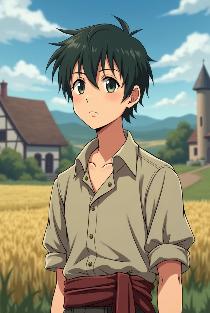 An 18-year-old young man with a gentle and kind face, still retaining a touch of youthfulness, standing in a medieval rural setting. He has a slightly pale complexion and a thin, delicate body. The background features a simple countryside environment with rustic elements like fields, cottages, or a small village. The image is in an anime style, highlighting his youthful appearance, pale skin, and the serene, rural atmosphere.