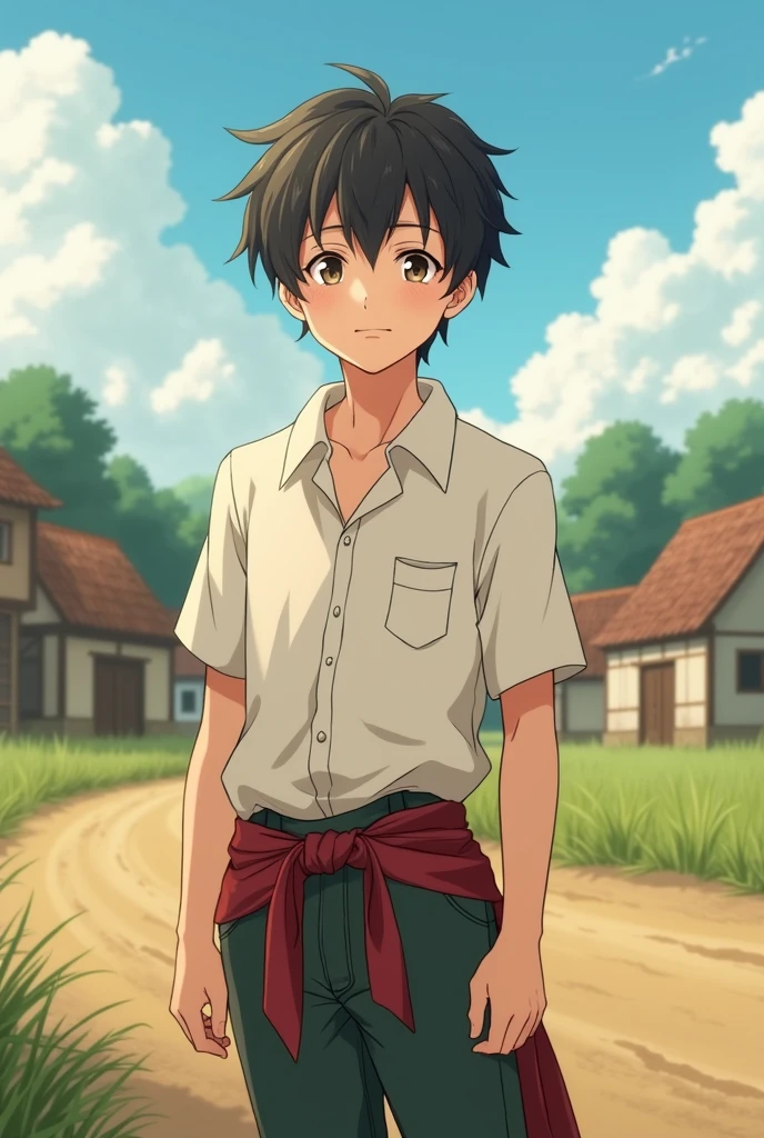 An 18-year-old young man with a gentle and kind face, still retaining a touch of youthfulness, standing in a medieval rural setting. He has a slightly pale complexion and a thin, delicate body. The background features a simple countryside environment with rustic elements like fields, cottages, or a small village. The image is in an anime style, highlighting his youthful appearance, pale skin, and the serene, rural atmosphere.