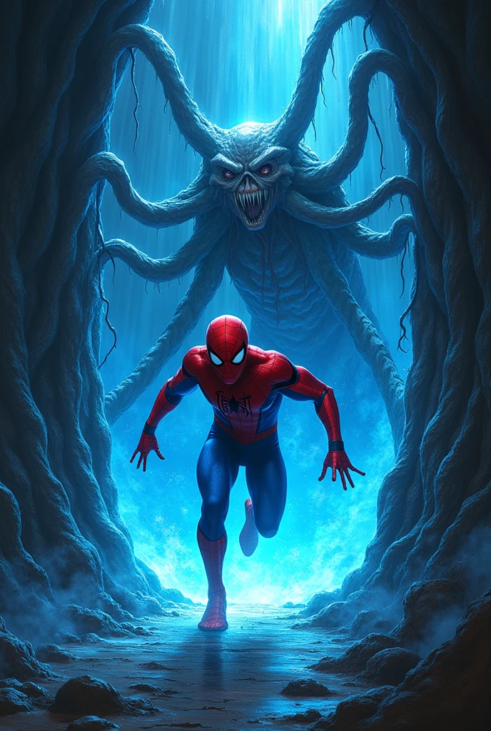 Make an image of Spider-Man fleeing through a blue portal against a creature in the universe of Chulthuluh, a disgusting octopus, a close-up photo