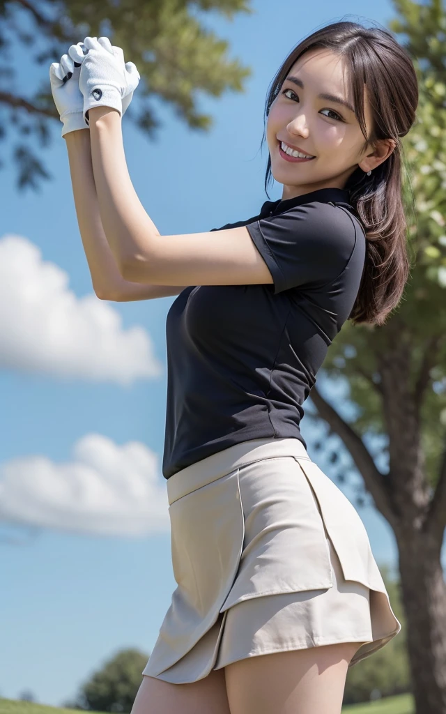 Highly detailed CG Unity 8k wallpaper, with the best quality, Super detailed, masterpiece, realistic, Realistic Photos, Highly detailed cute girl, 19 years old, solo、slender, tall 165cm, (sexy golf wear) , (golf mini flared skirt) , (hugging a golf driver),  (wearing golf gloves)、smile , round eyes, slender body, natural breasts、viewers watching, full body shot , golf course , Sun visor, ((low angle photo)), nsfw,