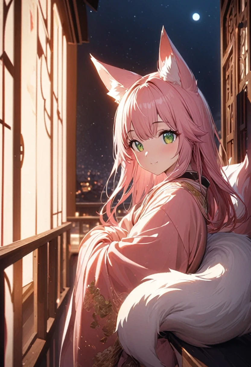 a young kitsune girl with long pink hair, green eyes, and large pink fox ears and tail, leaning on a railing in a room at night, watching the moon and stars, with a big white fox beside her, beautiful detailed eyes and face, soft and warm lighting, dramatic cinematic composition, highly detailed and intricate, kimono dragon style, very happy