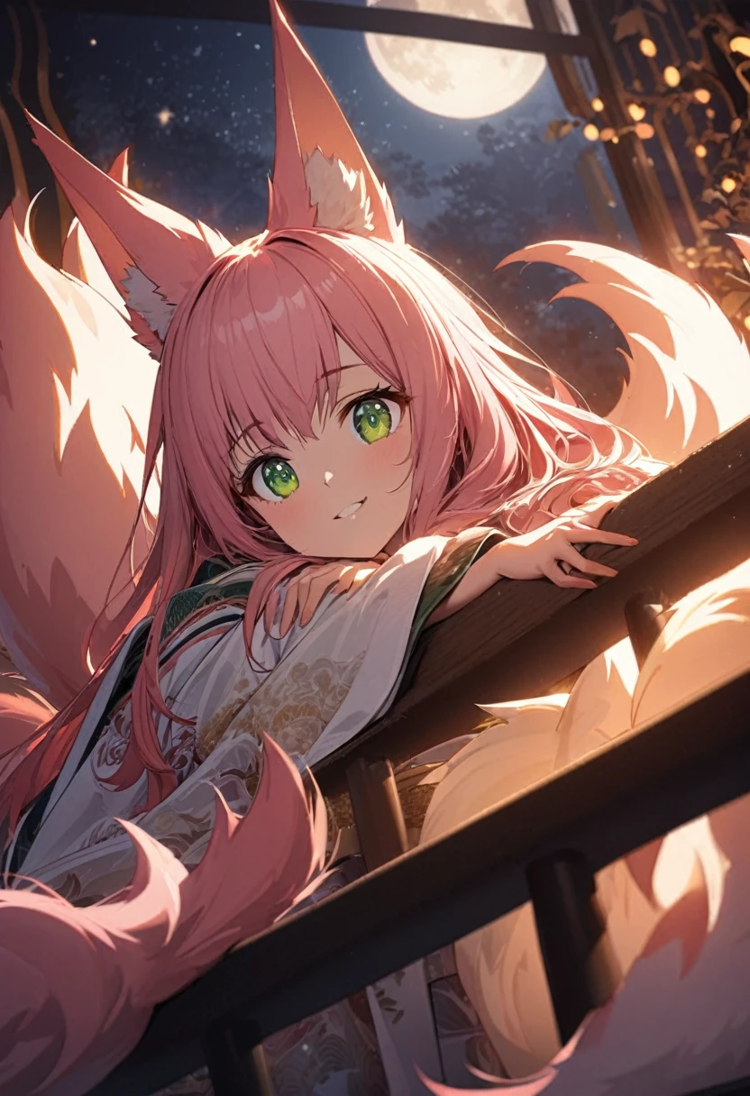 a young kitsune girl with long pink hair, green eyes, and large pink fox ears and tail, leaning on a railing in a room at night, watching the moon and stars, with a big white fox beside her, beautiful detailed eyes and face, soft and warm lighting, dramatic cinematic composition, highly detailed and intricate, kimono dragon style, very happy