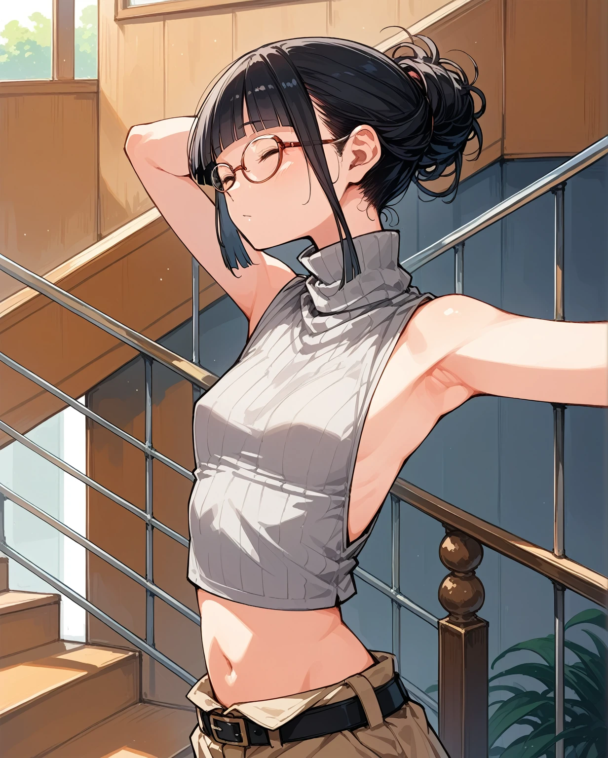 The sides of the upper body are completely exposed,側面が完全に空いているデザインのSleeveless turtleneck,Exposed from the flank to the chest,Protruding ribs,Exposed waistline,Super low rise,Not wearing an inner layer、胸元が開いたデザインのSleeveless turtleneck,Exposed chest、Exposed flanks,sexy,Flat Chest,Focus on your audience,Very thin body,Anime Style,Slim figure,delicate,Glasses,Asian woman wearing a grey top posing on the stairs, Sleeveless turtleneck_Baggy, 脇が完全に開いているSleeveless turtleneck_Relaxed back design,rib cage,Side bust,Shoulders are wide open,sexyなWearing a crop top, Photo of slim girl model, Chiho, T-Top, shikamimi, Wearing a crop top, Real life anime girls, Kurohime cut hair, Chassis, 2 4-year-old female model