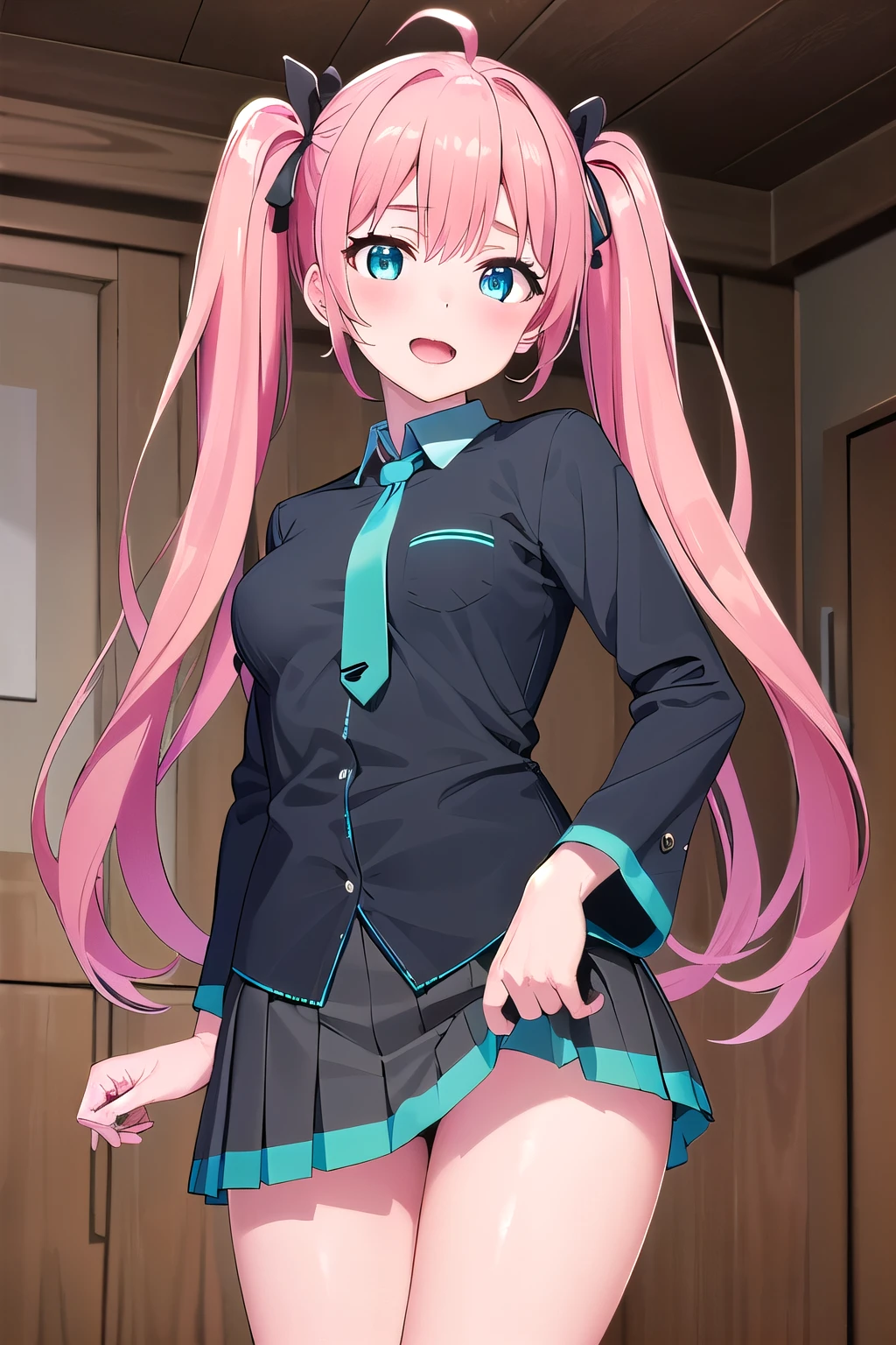 ((masterpiece, sidelighting, finely detailed beautiful eyes: 1.2)), ultra-detailed, ultra high res, professional lighting, high quality makeup, beautiful detailed eyes, sexy, beautiful, big eyes, drooping eye, (girl), (medium breasts:1.2), blush cheek, blush body, moist eyes, Hatsune Miku, pink hair, absurdly long hair, wavy hair, ahoge, twintails, (gray sleeve less shirt, green tie, black mini skirt:1.1), Extremely cute, (extremely detailed beautiful face), Authentic skin texture, beautiful hair, beautiful face, beautiful eyes, beautiful body, beautiful hands, smile, standing, (sexual aroused:1.2), , open mouth, steam
