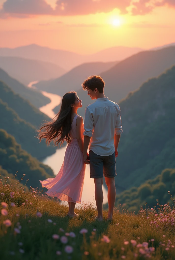  beautiful girl standing with her boyfriend on a beautiful hill with long river flowing in a evening 