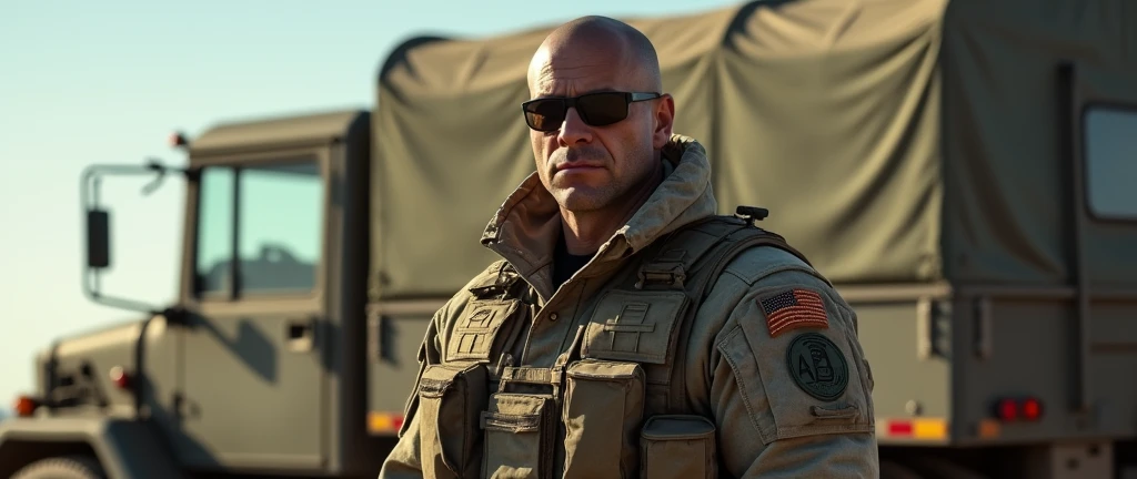 4k ((best quality)), ((masterpiece)), (detailed), hd, realistic face very muscular bald male soldier full body stand by military truck sunglass, 