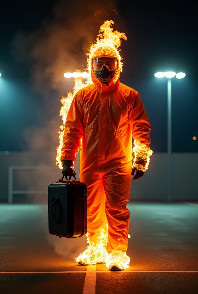 A photo of a man in the Futsal Court Field, he is wearing Fire Protection Suit , he hold a black bag case ,he has heavy fire on body, night time, cinematic light colors, backlit, shot on Sony A7IV with 35 mm lens, Realistic Style