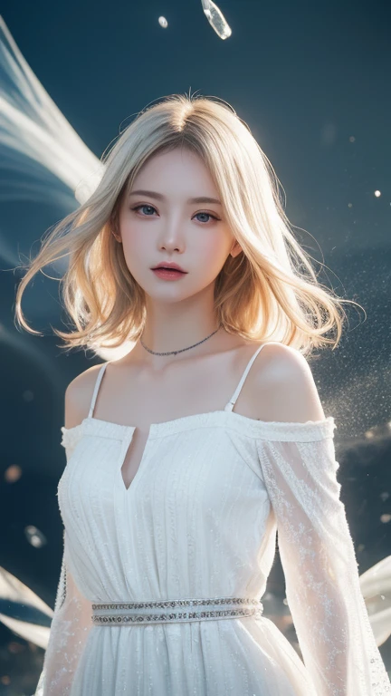 Silver Hair、(masterpiece, Highest品質, Highest, Official Art, beautifully、beautiful, Long exposure: 1.2), Smooth movement, Attractive patterns, 1 girl, (Long dress with sleeves: 1.3), (((White clothes) )), Upper Body close-up, Expose your shoulders, Chinese Girl, blush, Black lob hair, Portraiture, alone, Upper Body, Observing the observer, Detailed Background, Detailed face, (Crystal AI, Crystal Theme:1.1), Wind Elf, Rotating wind, Controlling the Wind, White crystal clothes, Dynamic pose, Suspended particles, Aether Dynamics, whirlwind, vapor, whirlwind in the background, White Tone, whirlwind, Great atmosphere,blonde,Fairy, Yellow Hair, Plump face,Random Pause