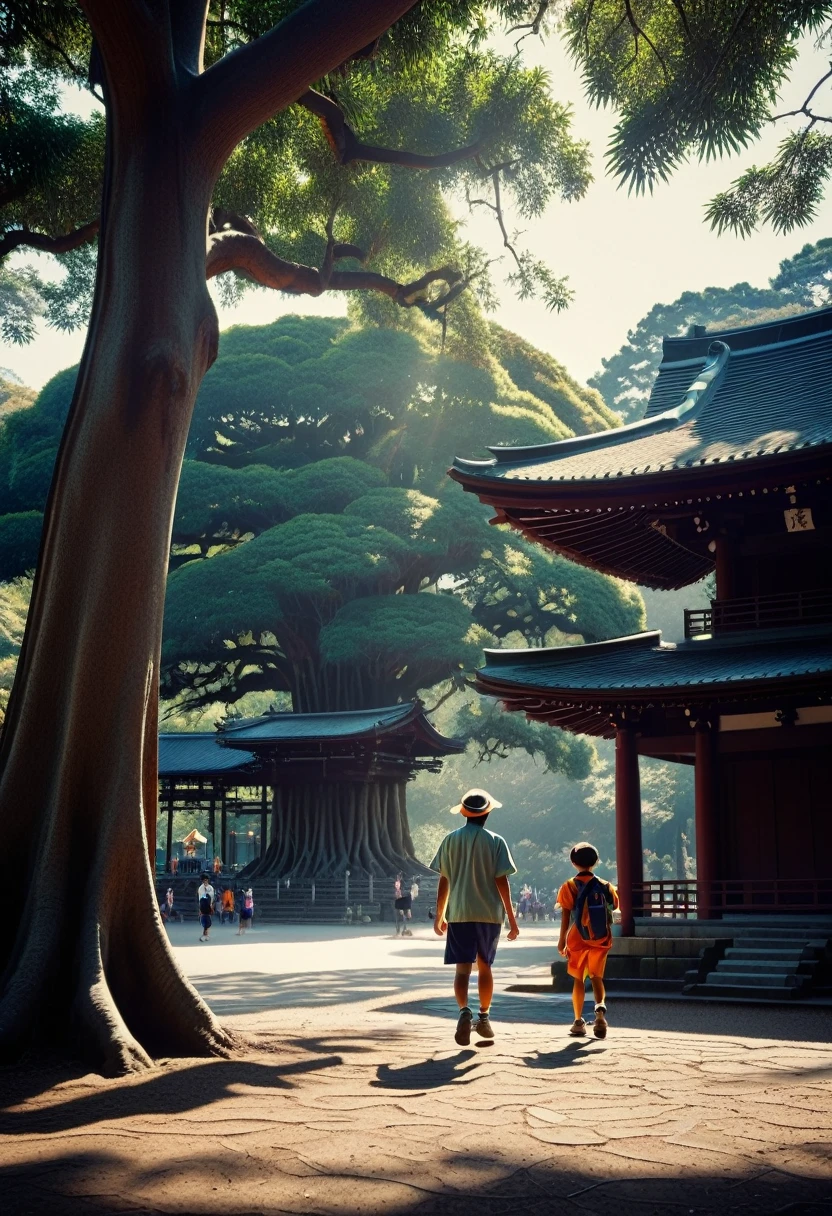 1960s Japanese landscape, Shinto shrine grounds, large banyan tree, boy catching cicadas, strong contrast of dappled sunlight, deep shadows, boy wearing baseball cap, running shirt and shorts, cicada chirping loudly, professional camera, professional lighting, cinematic, high quality, hyper realistic, dramatic lighting, warm color tones, atmospheric, intricate details, volumetric lighting, photorealistic, masterpiece, 8k, sharp focus, physically-based rendering, vibrant colors.
