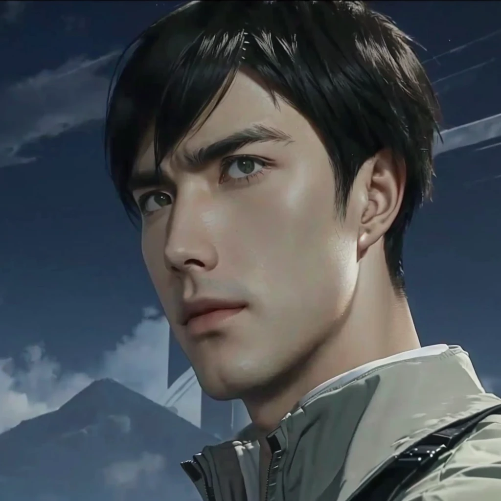 Close-up of a man wearing a jacket looking at something, Attack on Titanより, Attack on Titan, Hajime Isayama's style, Levi Ackerman, shingeki no kyojin, Ellen Yeagerの肖像画, (Attack on Titanアニメ), up close shot Shinji aramaki, Ellen Yeager, Shinji