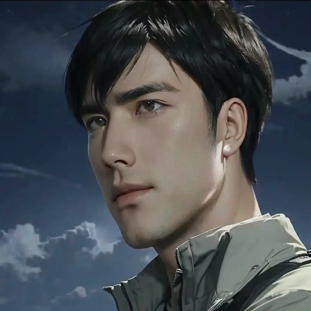 Close-up of a man wearing a jacket looking at something, Attack on Titanより, Attack on Titan, Hajime Isayama's style, Levi Ackerman, shingeki no kyojin, Ellen Yeagerの肖像画, (Attack on Titanアニメ), up close shot Shinji aramaki, Ellen Yeager, Shinji