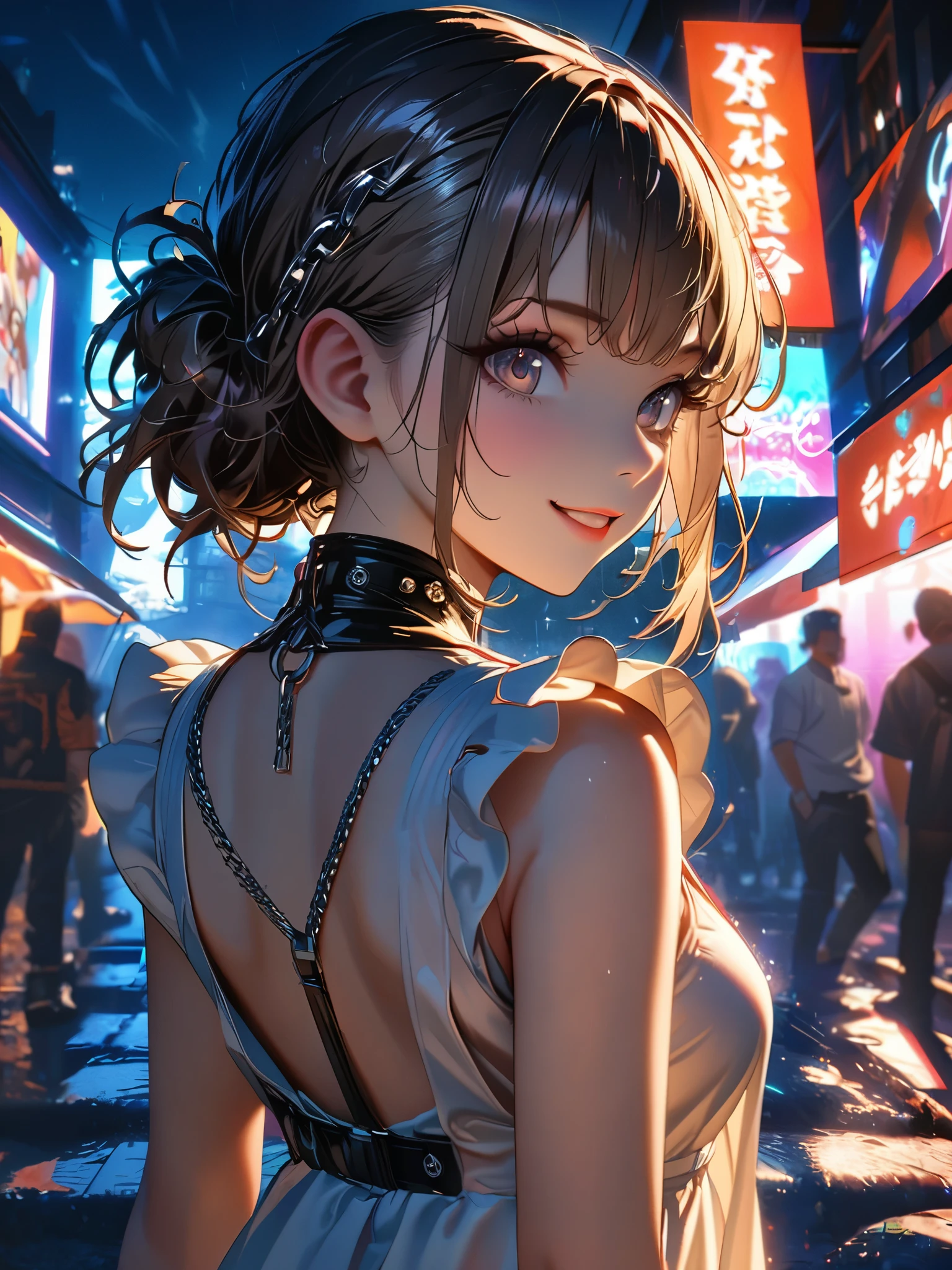 1 girl, chromatic aberration, Written boundary depth, Soft Light, masterpiece, Highest quality, complicated, Tone Mapping, A place where fireworks are set off at festivals. Concept Art, Smooth, Clear focus, Dramatic lighting, Very cinematic, super practical painting, アートステーション's trending, 8k, Incredible Shadows, practical,  whole body, View, Viewers, Portrait of a Girl 1, standing on street corner, Heavy rain and lightning、Dark Sky, neon and cyber punk background, she is dressed in punk clothing with silver chains and silver spikes, Her hair was dyed light brown..................Ominous aura of light, smile, punk, ciber punk, Backlight.Fashionable clothes、Friendly dress code: Wearing a cute white dress with an open back.My breasts are a little big.Backwards、Look back here