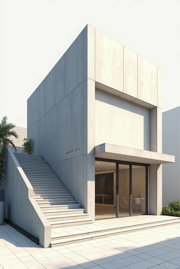 Make a medium building with large sales downwards,In the center there is a door and on the left side there are stairs. I want everything to be a minimalist and functional design. 