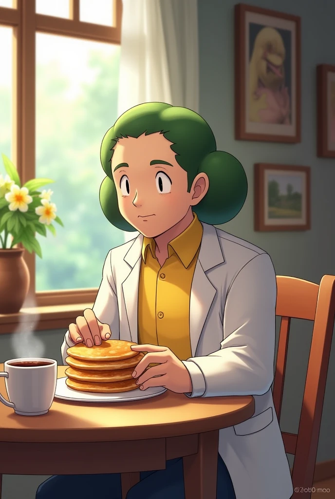 Professor Kukui eating pancakes at home quietly