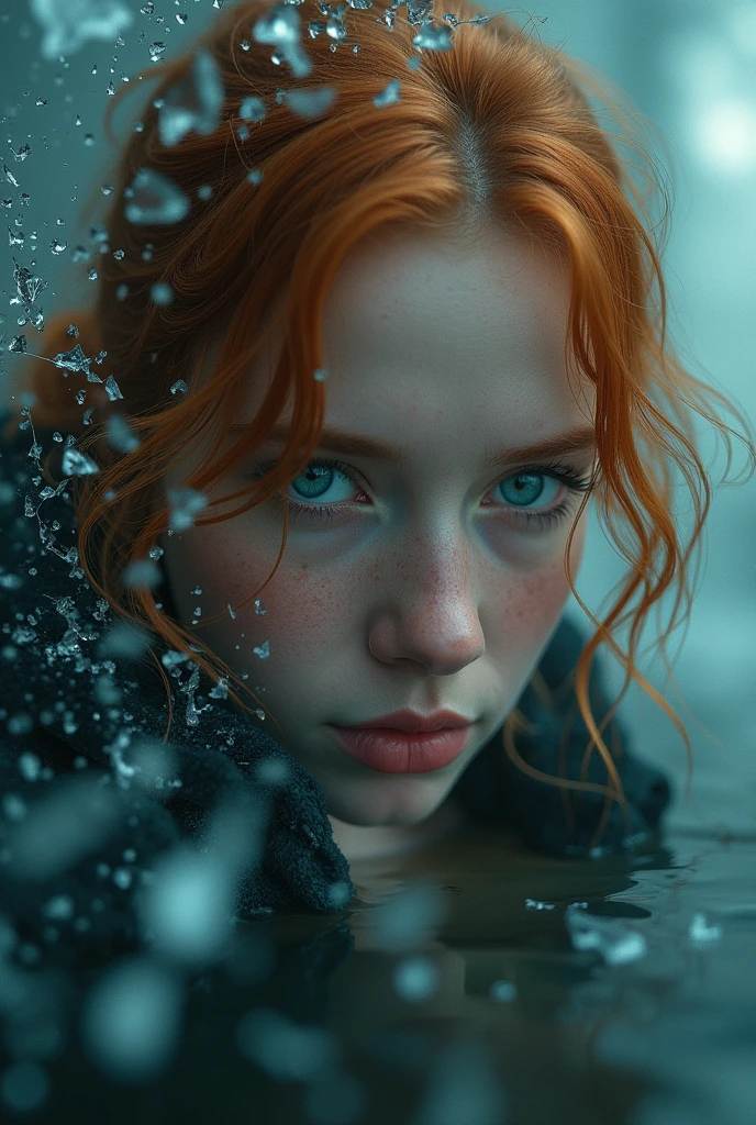 Reflective, shatter water, crash, broken glass, full portrait, finely drawn eyes, 64k resolution--Meme core Art, Cinematic, Fujifilm Neoplan 100, Fish-eye Lens, chromatic, moody, glitch, glowing, cinematic perfect intricate stunning fine detail.--cinematic shot on canon 5d, ultra skin intricate clothes accurate hands, blue eyes, ginger hair , perfect eyes, best quality, extremely sharp focus face, analog fine film grain, post-apocalyptic, cinematic, realistic, trending art station, helicopter, flag of . focus, studio photo, details, highly Rutkowski, intricate, busy, raw, 64k, isometric, digital smog, 3d render, octane volumetr