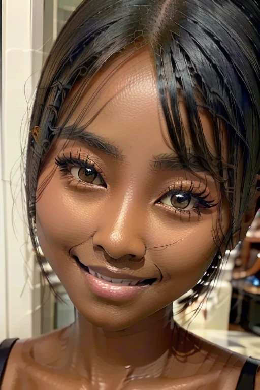 best quality, masterpiece, highres, (detailed:1.4), 1 girl, blonde hair, (dark skin:1.6), extremally thin eyebrows , thick bluish eyeshadow, thick black eyeliner, Highlighted eyes with eyeliner, false eyelashes