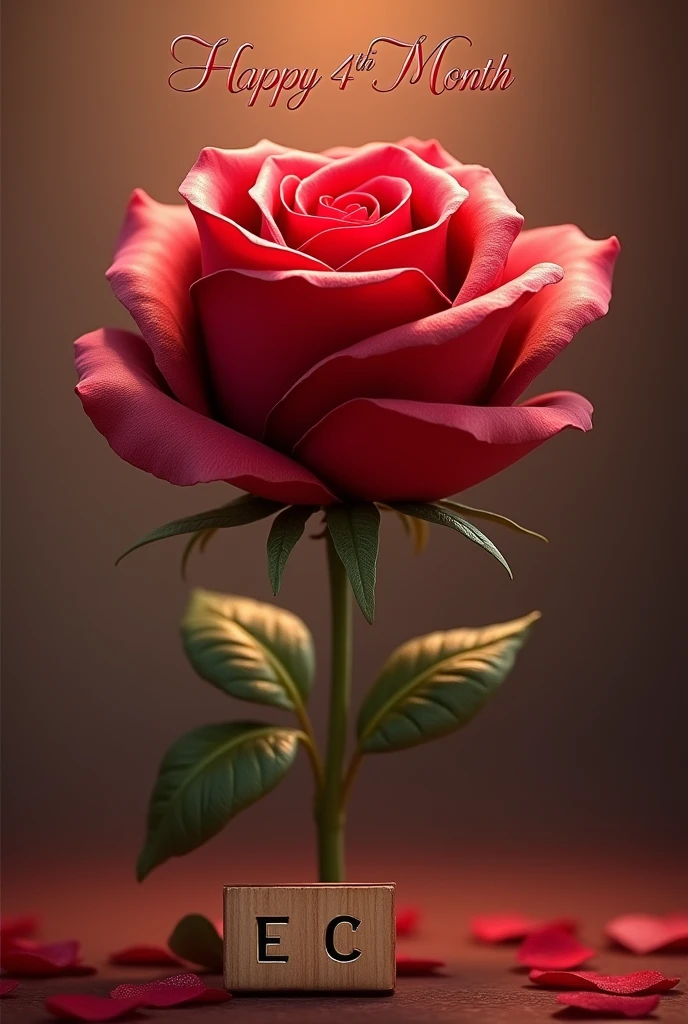 A beautiful rose with detailed petals and a vibrant red color, Animated in a style similar to the movie &#39;Tangled&#39;. The rose is softly illuminated with a warm light that highlights its texture.. At the base of the stem, The initials &#39;E&#39; and &#39;C&#39; are elegantly engraved, intertwined with the leaves Just above, in elegant cursive text, reads &#39;Happy 4th Month&#39;. , in the style of a digital painting with a fairy tale touch