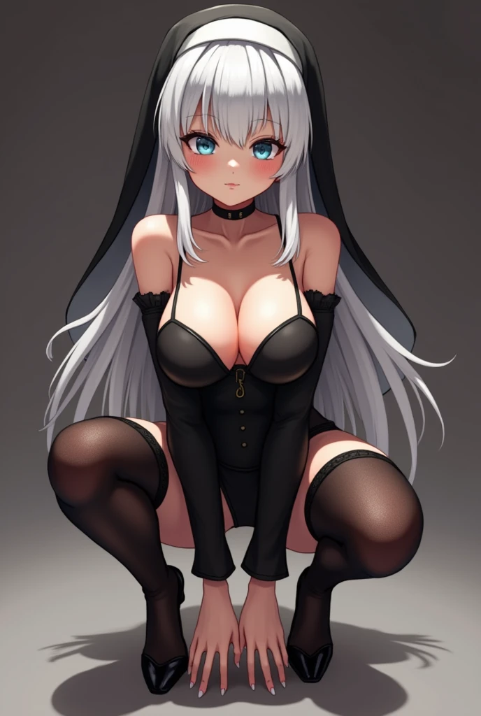 Anime style figurine thicc nun squatting lingerie stockings heels white hair