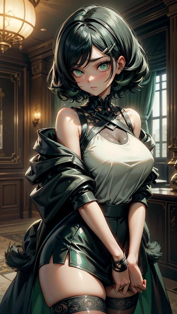 ((((masterpiece, best quality, high resolution)))), Extremely detailed 8K, Beautiful girl with voluptuous body, (Ultra HD, Ultra-detailed, Highly detailed, Highly realistic, Ultra-realistic, photograph realistic), (1girl:1.5), (Realistic black hair), (short wavy hair), (green eyes, sharp eyes), (massive perky breasts:1.2), (beautiful detailed face, beautiful detailed eyes)
