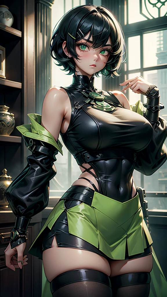1 girl, anime, high quality, intricate details, black hair, fluffy hair, short hair, elegant, futuristic setting, stockings, green streaks in hair, stoic expression, curvy build, confident pose, mansion, indoors, hairclips, light green eyes, black hair, cropped tank top, silk skirt,