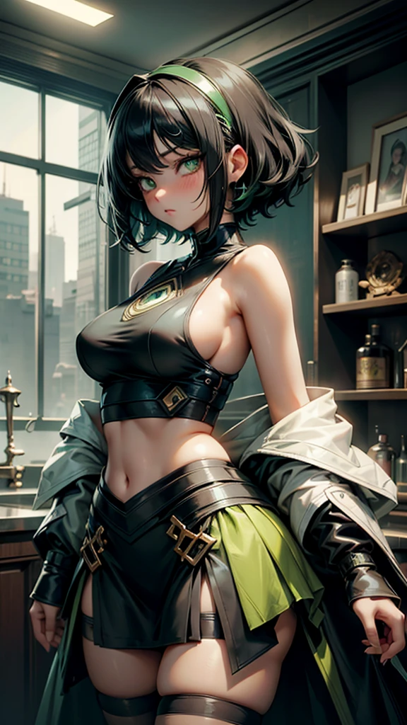 1 girl, anime, high quality, intricate details, black hair, fluffy hair, short hair, elegant, futuristic setting, stockings, green streaks in hair, stoic expression, curvy build, confident pose, mansion, indoors, hairclips, light green eyes, black hair, cropped tank top, silk skirt,