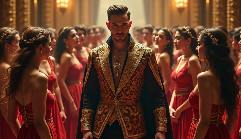 handsome 25 year old man, a tough but handsome profile, tanned skin, black hair, slightly messy, black eyes, unfriendly face, a toned and muscular body, beardless and dressed like a king.