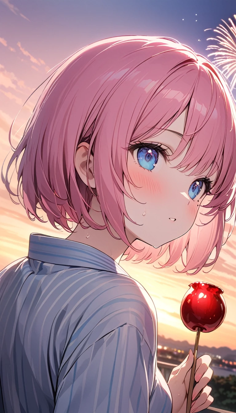 (1 girl),(Best Picture Quality, 8K, Masterpiece:1.3), (high school student:1.5), ((pink lob hair:1.1)), (bob cut),(swept bangs), (cute eyes, pupil black, iris skyblue, youthful face), (mole under right eye), (standard weight), (small breasts), (glistening skin:1.1 3),(pale skin:1.2),(sweaty skin:1.2),((yukata)),(looking up at the sky),(back), strong wind, sunset, summer festival, fireworks, have a toffee apple, pulled composition,(magnificent view:1.3).