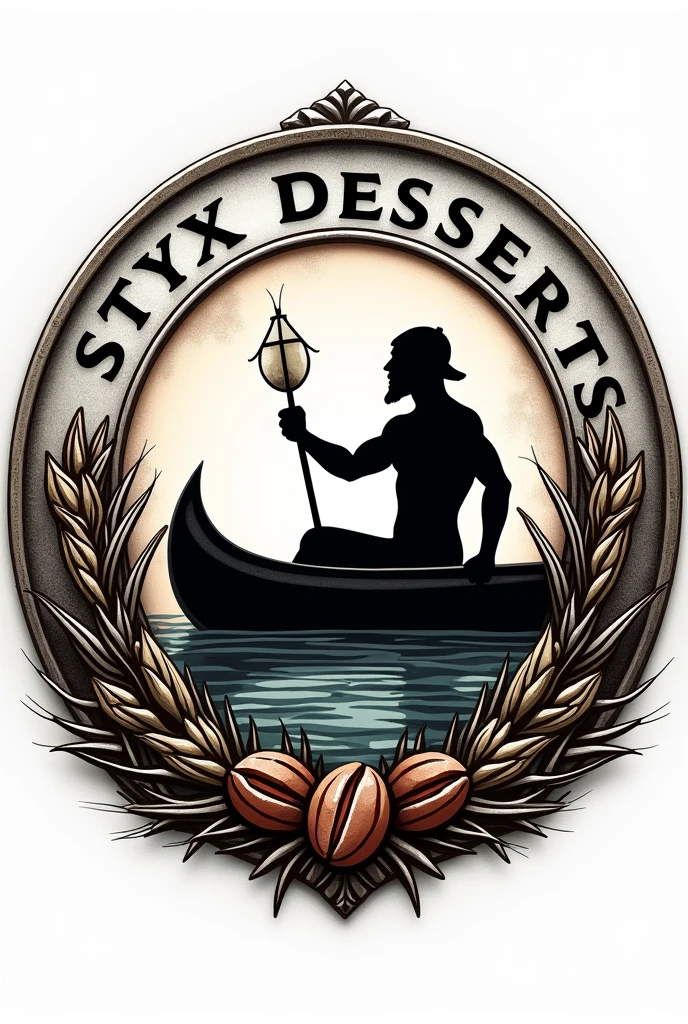 Coffee shop logo shaped like an antique silver coin,  with a cocoa bean at the tip , branches of wheat, Charon in his canoe with lamp in hand looking ahead , that says Styx desserts in black and worn letters around the edge