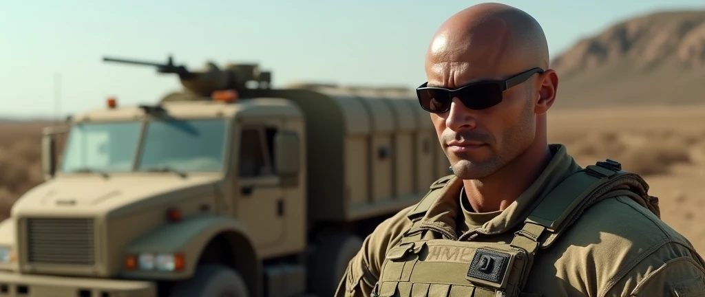 4k ((best quality)), ((masterpiece)), (detailed), hd, realistic face very muscular bald male soldier full body stand by military truck sunglass,