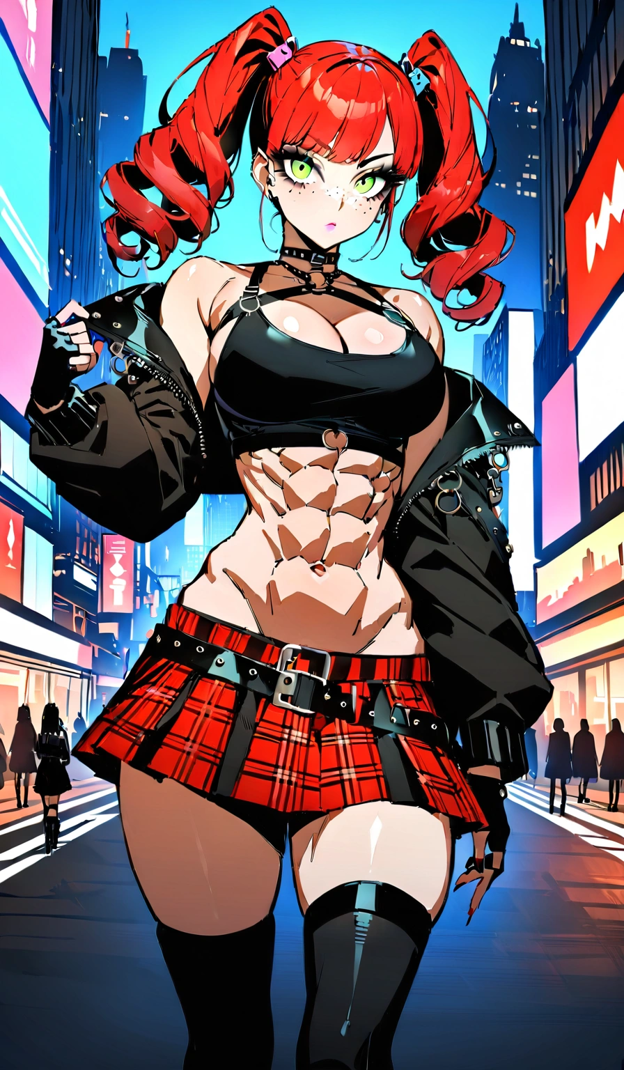 woman, curly red hair in pig tails, green eyes, black eyeshadow, wearing crop top black shirt, long black jacket, red plaid skirt, (black knee high boots), black fingerless gloves, exposed shoulders, large breasts, freckles, abs, cleavage, looking at viewer, masterpiece, best quality, Holo-Punk Style, in the city, make up, eyelashes
