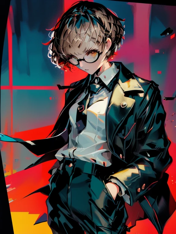 ((chibi)), big head, focus face, in the art style of persona5, (masterpiece:1.2, highest quality), (Realistic, photoRealistic:1.4), Beautiful illustrations, (Natural Side Lighting, Cinema Lighting), Written boundary depth, Beautiful thighs staring at the viewer, 1 female, 20-year-old, alone, thin, slender, (small breasts), short Hair, straight Hair, Forehead, Forehead, Forehead, Forehead, thin, slender, glasses, ((Skinny black pants, collared shirt, necktie)), Are standing, (((glasses)))