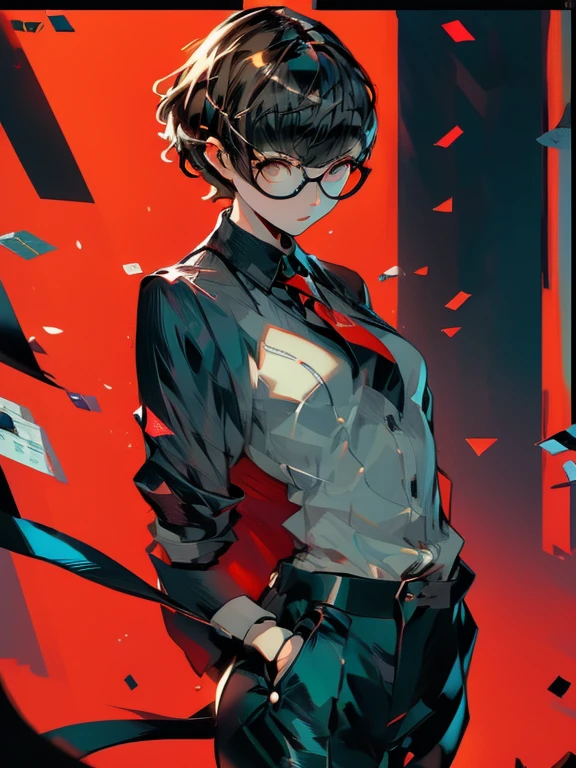 ((chibi)), big head, focus face, in the art style of persona5, (masterpiece:1.2, highest quality), (Realistic, photoRealistic:1.4), Beautiful illustrations, (Natural Side Lighting, Cinema Lighting), Written boundary depth, Beautiful thighs staring at the viewer, 1 female, 20-year-old, alone, thin, slender, (small breasts), short Hair, straight Hair, Forehead, Forehead, Forehead, Forehead, thin, slender, glasses, ((Skinny black pants, collared shirt, necktie)), Are standing, (((glasses)))